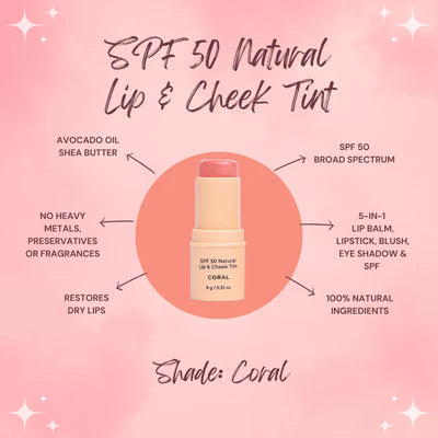 SPF 50 NATURAL LIP & CHEEK TINT- CORAL Avocado zinc